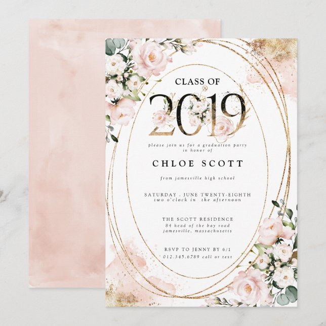 Klasse des Abschlusses Blush Pink Gold 2019 Einladung (Vorne/Hinten)
