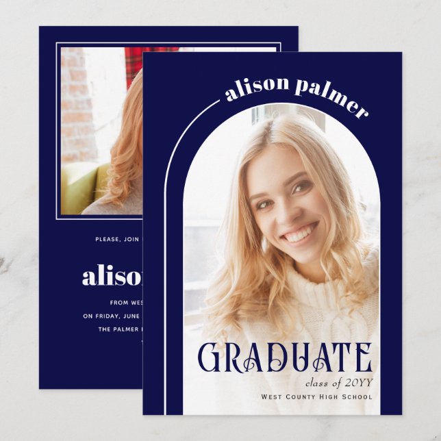 Klasse des Fotos "GRADUATE arch marine blue 2025" Einladung (Vorne/Hinten)