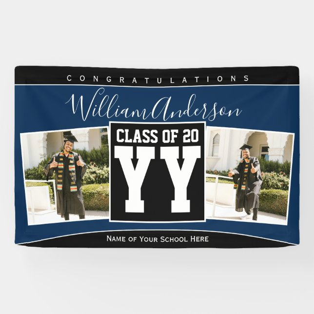 Klasse des Fotos Navy Blue & Black Abschluss 2023 Banner (Horizontal)
