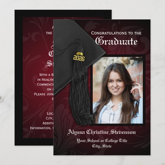 Klasse des Maroon Tassel Foto Abschluss 2025 Einladung (Vorne/Hinten)