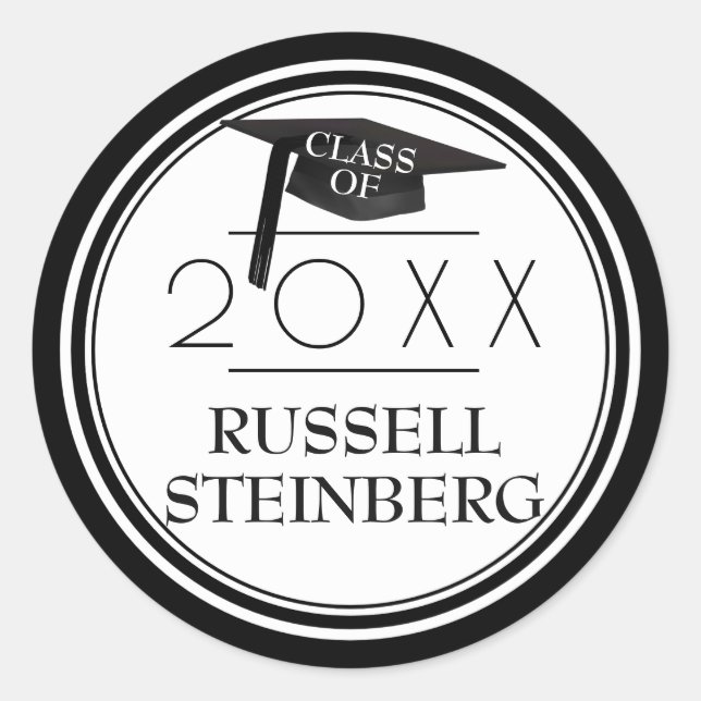Klasse | Grad Cap & Year | Schwarz und Weiß Runder Aufkleber (Vorderseite)