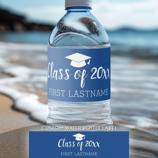 Klasse Jahr und Name - Graduation Cap Blue (Custom Graduation Water Bottle Label)