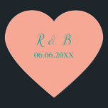 Klasse Peach und Aquamarin Herz-Aufkleber<br><div class="desc">Pfirsich und aquamarine Aufkleber machen Ihre Hochzeitsarbeit individuell. Das Design zeichnet sich durch einen pfirsichfarbenen Hintergrund mit aquamarinem Text aus. Bestelle noch heute! Hochzeitsticker-Design: Weddingsby Rhoadie</div>