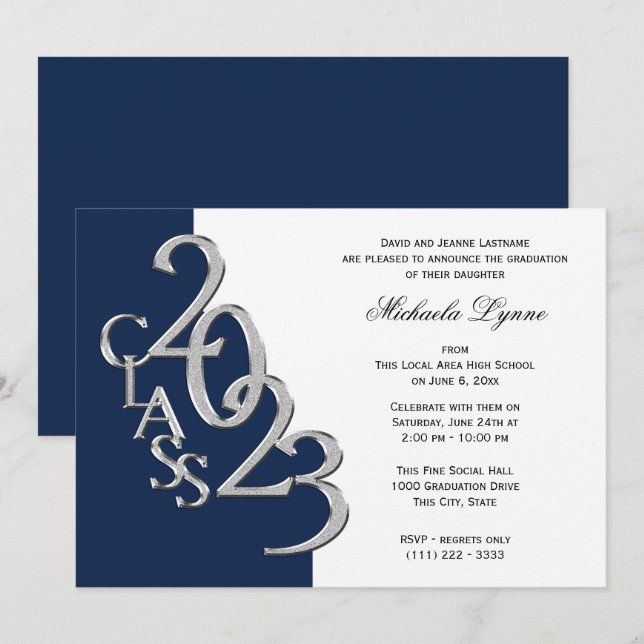 Klasse von 2023 Grad Silver und Navy Blue Einladung (Vorne/Hinten)