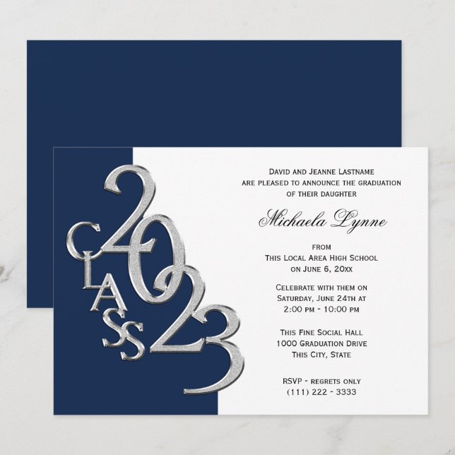 Klasse von 2023 Grad Silver und Navy Blue Einladung (Vorne/Hinten)