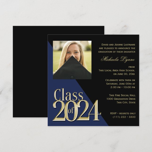 Klasse von 2024 Grad Gold und Blau mit Foto Einladung (Vorne/Hinten)