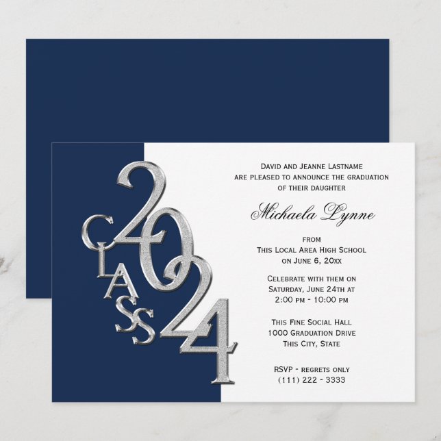 Klasse von 2024 Grad Silver und Navy Blue Einladung (Vorne/Hinten)