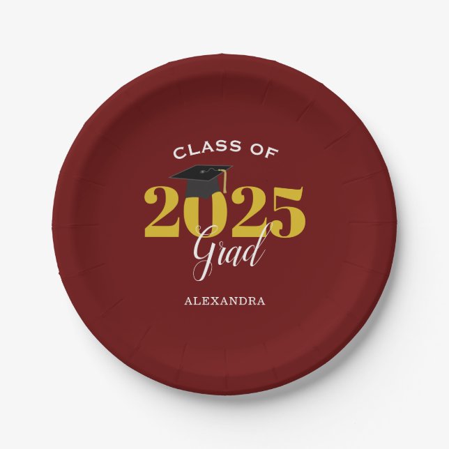 Klasse von 2025 Grad Simple Maroon and Gold Pappteller (Vorderseite)