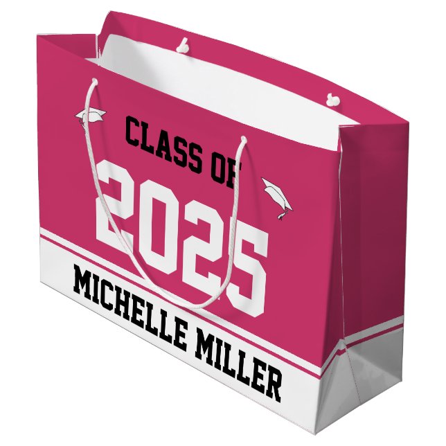 Klasse von 2025 Grad's Name Magenta White Abschlus Große Geschenktüte (Rückseite Schrägansicht)