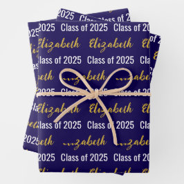 Klasse von 2025 Graduate's Name Blue White Gold Geschenkpapier Set