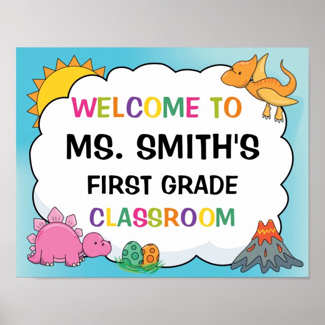 Klassenzimmer Begrüßungszeichen im Thema Dinosauri Poster (Vorne)