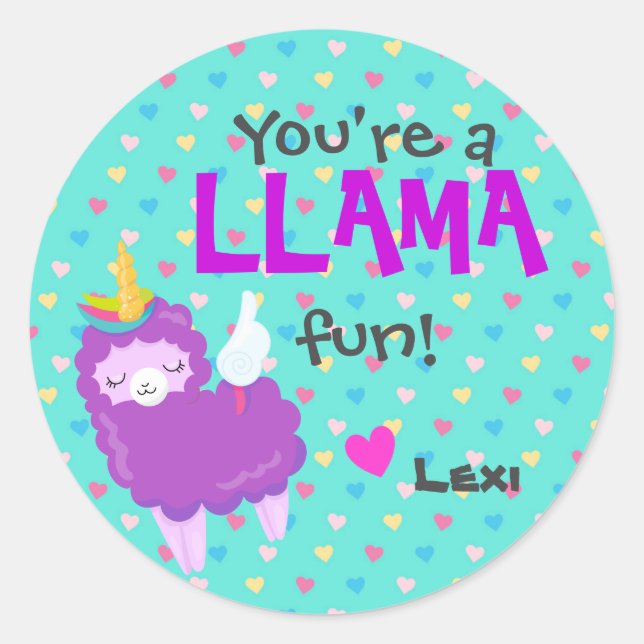Klassenzimmer Llama Valentine - Lamacorn Runder Aufkleber (Vorderseite)