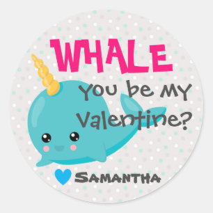 Klassenzimmer Narwhal Valentine "Whale you be mine Runder Aufkleber