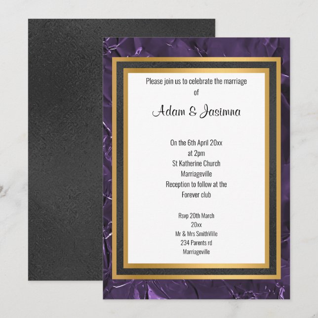 KLASSIC REGAL LILA BLACK GOLD LAYER WEDD EINLADUNG (Vorne/Hinten)