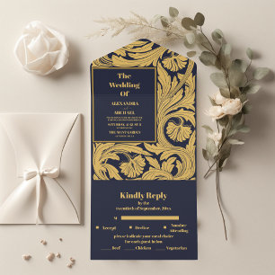 Klassisch Blau Art Nouveau Hochzeit All In One Einladung