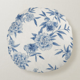 Klassisch Blau Floral Toile Wasserfarben-Muster We Rundes Kissen