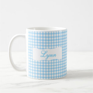 Klassisch Blau Gingham Personalisierter Name Kaffeetasse