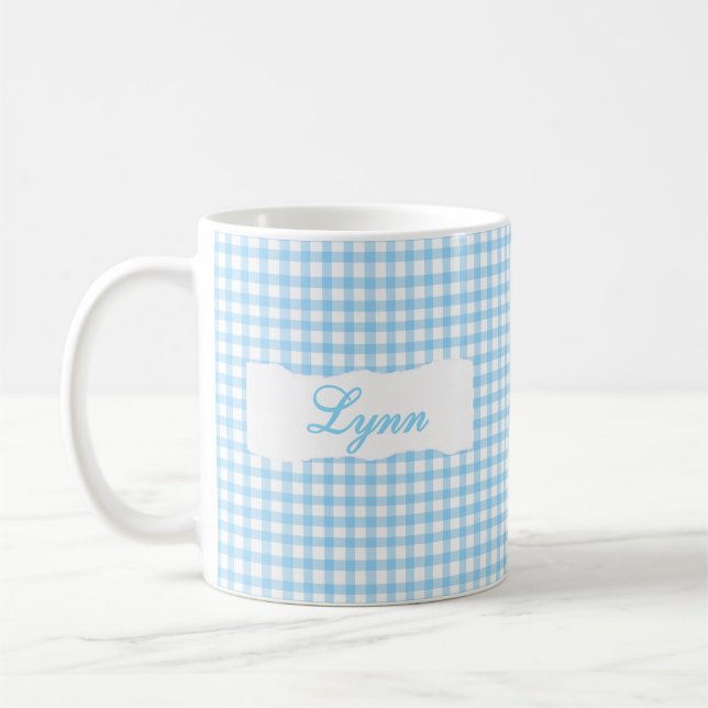 Klassisch Blau Gingham Personalisierter Name  Kaffeetasse (Links)