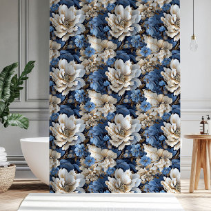 Klassisch Blau Weiß Elfenbein Blumenbad Dusche Duschvorhang