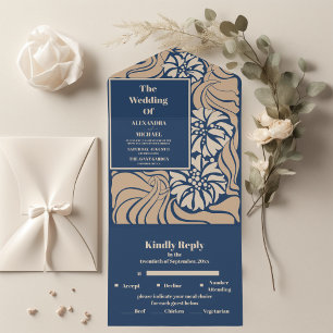 Klassisch Blaues Art Nouveau Hochzeit All In One Einladung