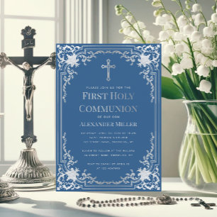 Klassisch Blaues Faux Silber Kreuz Jungen Erstkomm Einladung