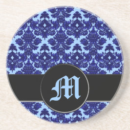 Klassisch Damast Blau (Monogramm) Getränkeuntersetzer