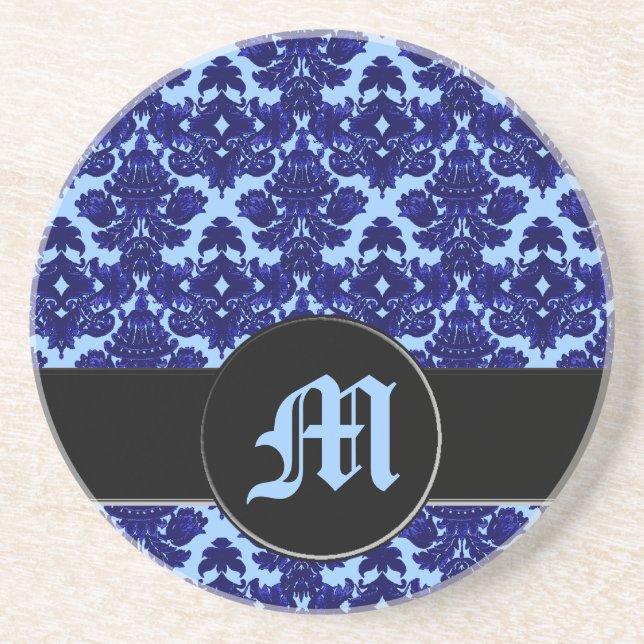 Klassisch Damast Blau (Monogramm) Getränkeuntersetzer (Vorne)