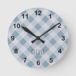 Klassisch Elegant Blau Gingham Karo & Benutzerdefi Runde Wanduhr