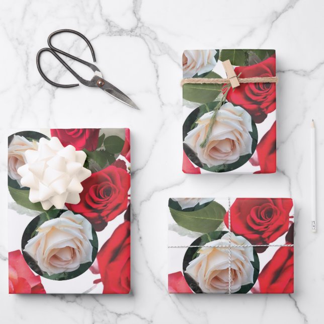 Klassisch elegante Rot, Creme, Rosa Rosen Geschenkpapier Set (Vorderseite)