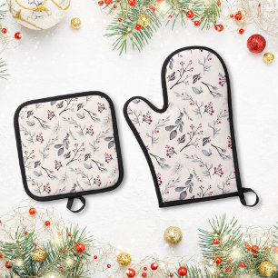 Klassisch elegante Weihnachtsblätter und Beeren Ofenhandschuh & Topflappen-Set