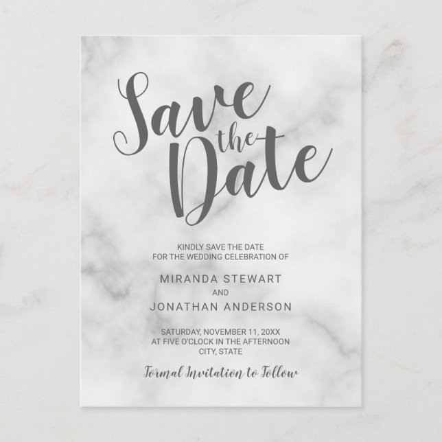 Klassisch elegantes weißes Marmor Hochzeit speiche Ankündigungspostkarte (Vorderseite)