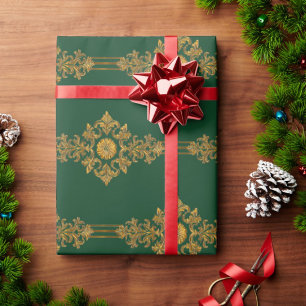 Klassisch Forest Grün Gold Medaillon gestreift   Geschenkpapier