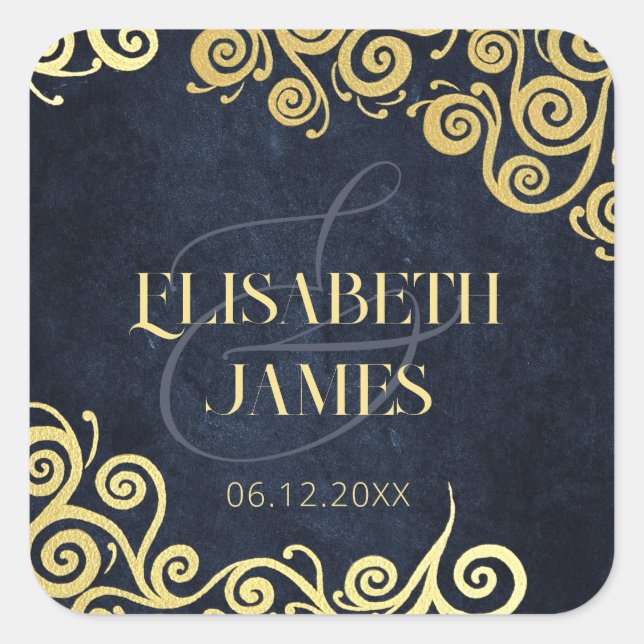 Klassisch Geblüht Hochzeit in Blu und Gold Quadratischer Aufkleber (Vorderseite)