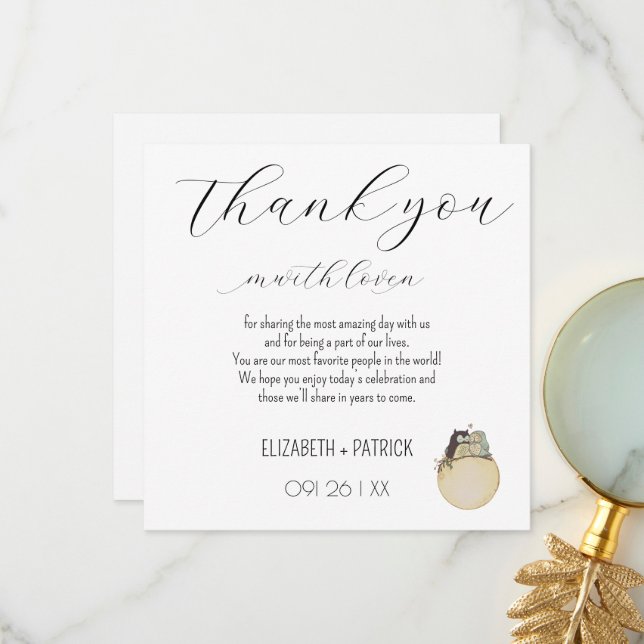 Klassisch minimalistisch ,Eulen in Liebe Dankeskarte (Vorderseite/Rückseite Beispiel)