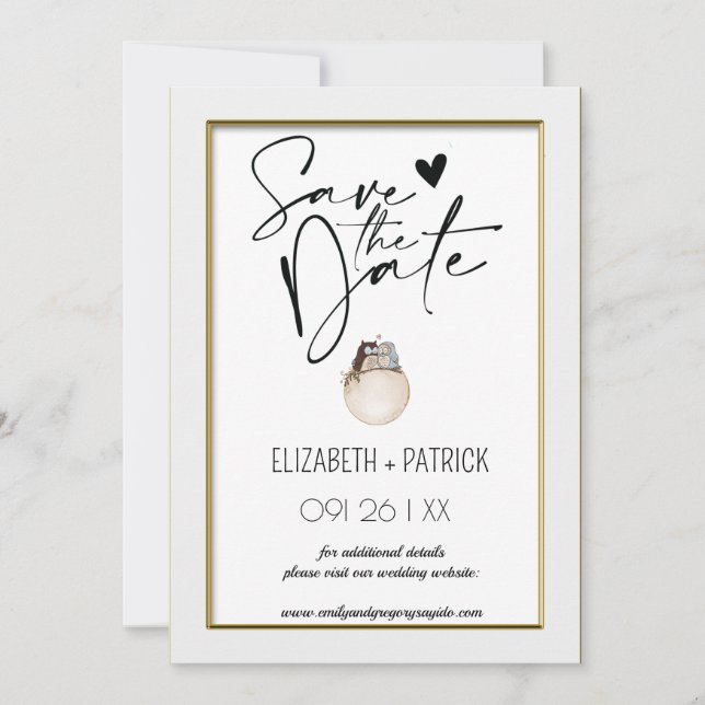 Klassisch minimalistisch ,Eulen in Liebe Save the  Einladung (Vorderseite)