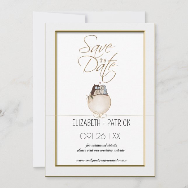 Klassisch minimalistisch ,Eulen in Liebe Save the  Einladung (Vorderseite)