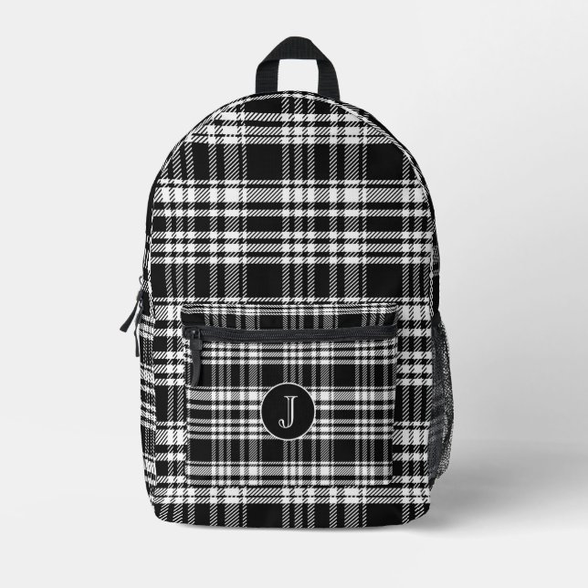 Klassisch Mit Monogramm Schwarz und Weiß Kariert Bedruckter Rucksack (Vorderseite)