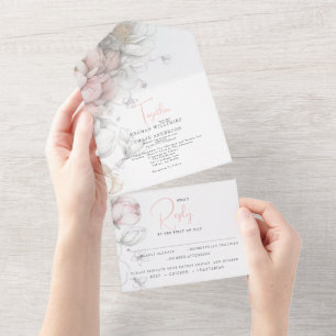 Klassisch modernes Elfenbein und Rosé-Blumenmuster All In One Einladung