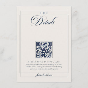 Klassisch Navy Blau Elfenbein Kalligrafie QR Detai Begleitkarte