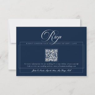Klassisch Navy Blau Elfenbein Kalligrafie QR Hochz RSVP Karte
