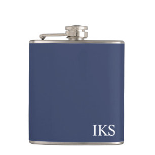 Klassisch Navy Blau und Weiß Monogramm Stilvoll  Flachmann