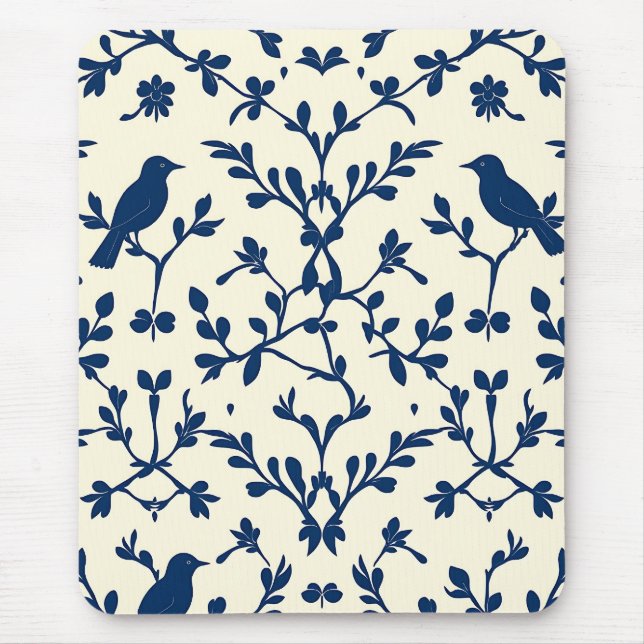 Klassisch Navy Blaues Vogel-Damask-Toile-Silhouett Mousepad (Vorne)