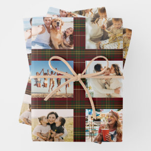 Klassisch Rot Kariert 12 Foto Collage Weihnachten Geschenkpapier Set