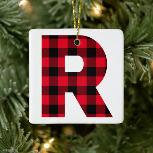 Klassisch rotes und schwarzes Buffalo-Karo-R-Monog Keramikornament