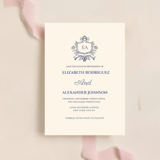 Klassisch staubig blue und creme save the date (Von Creator hochgeladen)