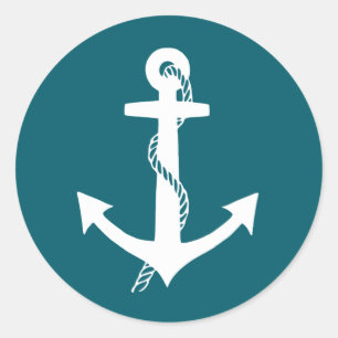 Klassisch Teal Blau und Weiß Anker Segeln Runder Aufkleber