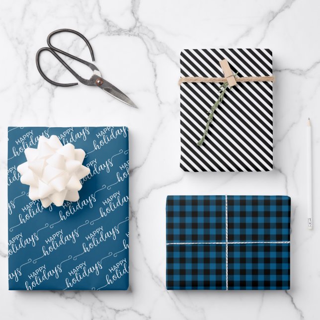 Klassisch traditionell dunkelblau Aquamarin Karier Geschenkpapier Set (Vorderseite)