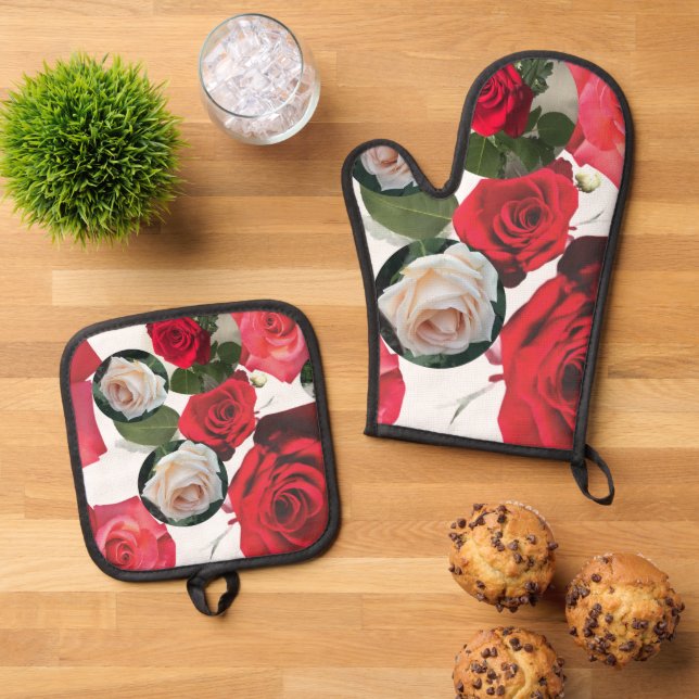 Klassisch zeitlos, blumenrot, cremefarben, staubig ofenhandschuh & Topflappen-Set (Oben Unten)