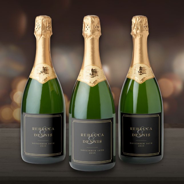 Klassische Art Deco (Elegant Classic Art Deco Black And Gold Wedding Sparkling Wine Label)