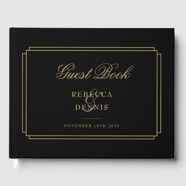 Klassische Art Déco Hochzeit in Schwarz und Gold Gästebuch (Vorderseite)